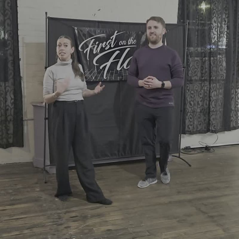 West Coast Swing lesson at Emotive Studio with First on the Floor banner